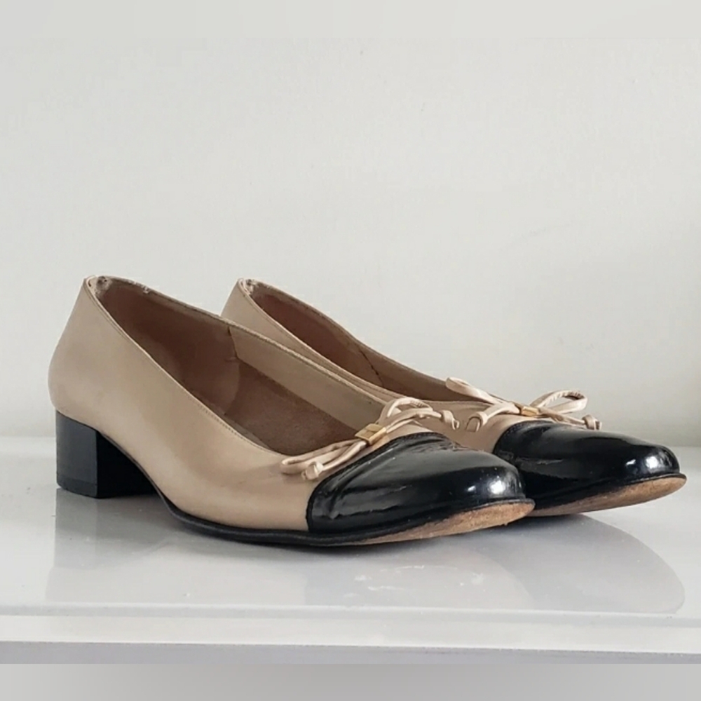 Ferragamo Two Tone Vintage Pumps - Evocative of Chanel - Classic Patent Toe Bow